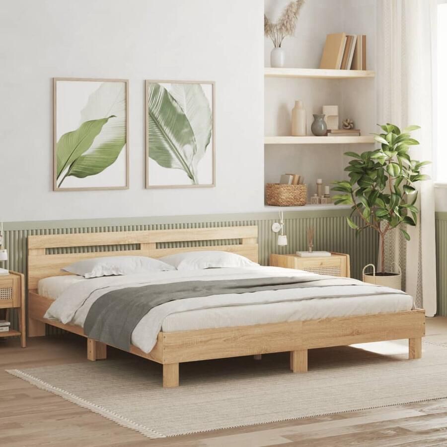 VidaXL Bedframe met LED 200x200 cm Sonoma Eiken Bruine Bedbank Houten Bed Led Bed Tweepersoons Bed Boxspring Bed Modern Bed Landelijk Bed Bedroom Furniture - Foto 2