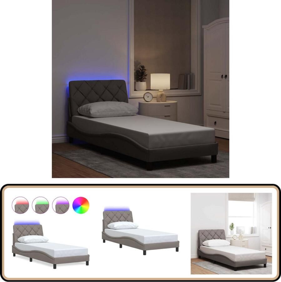 VidaXL Bedframe met LED 90x200 cm Taupe Bed Frame Led Bed Modern Bed Taupe Bed Tweepersoonsbed Slaapcomfort Hoofdbord Usb Aansluiting Bedroom Furniture Bed