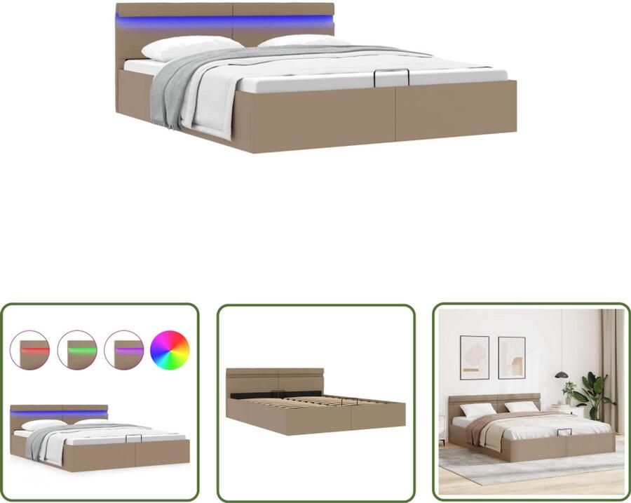VidaXL Bedframe met LED en Opbergruimte Cappuccino Hydraulisch Bed Kapstok Lederlook Bed Boxspring Bed Opbergbed Led Verlichting Bed Tweepersoonsbed