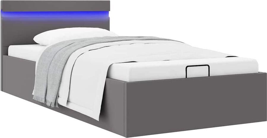 VidaXL Bedframe met LED en Opslag Grijs 100x200 cm Hydraulisch Bed Kunstleder Bed Met Led Bed Met Opbergruimte Tweepersoons Bed King Size Bed Boxspring Bed Elektrisch Verstelbaar Bed Slaapcomfort - Foto 2