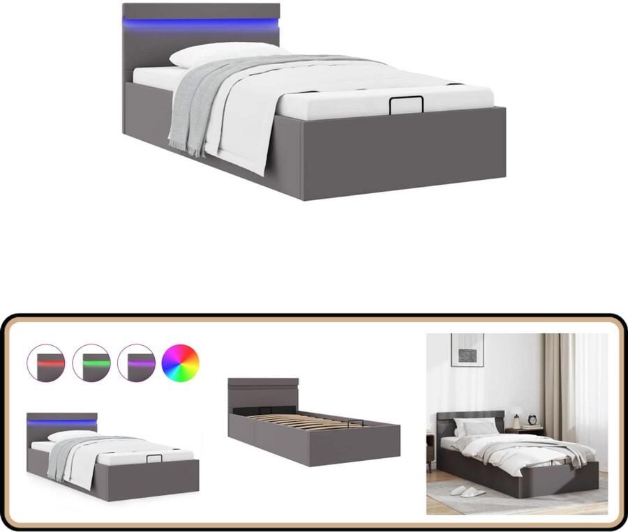 VidaXL Bedframe met LED en Opslag Grijs 100x200 cm Hydraulisch Bed Kunstleder Bed Met Led Bed Met Opbergruimte Tweepersoons Bed King Size Bed Boxspring Bed Elektrisch Verstelbaar Bed Slaapcomfort
