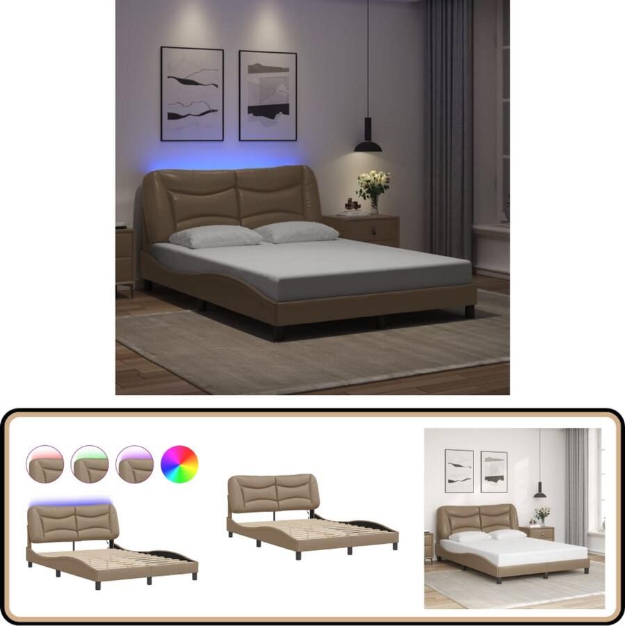 VidaXL Bedframe met LED Kunstleer Cappuccino 120x200 cm Bed Frame Leder Look Led Verlichting Kapstok Tweepersoonsbed Boxspring