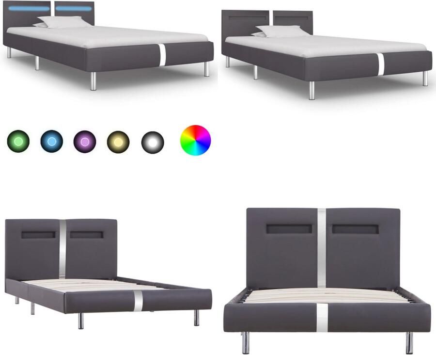 VidaXL Bedframe met LED kunstleer grijs 90x200 cm Bedframe Bedframes Bed Bedden