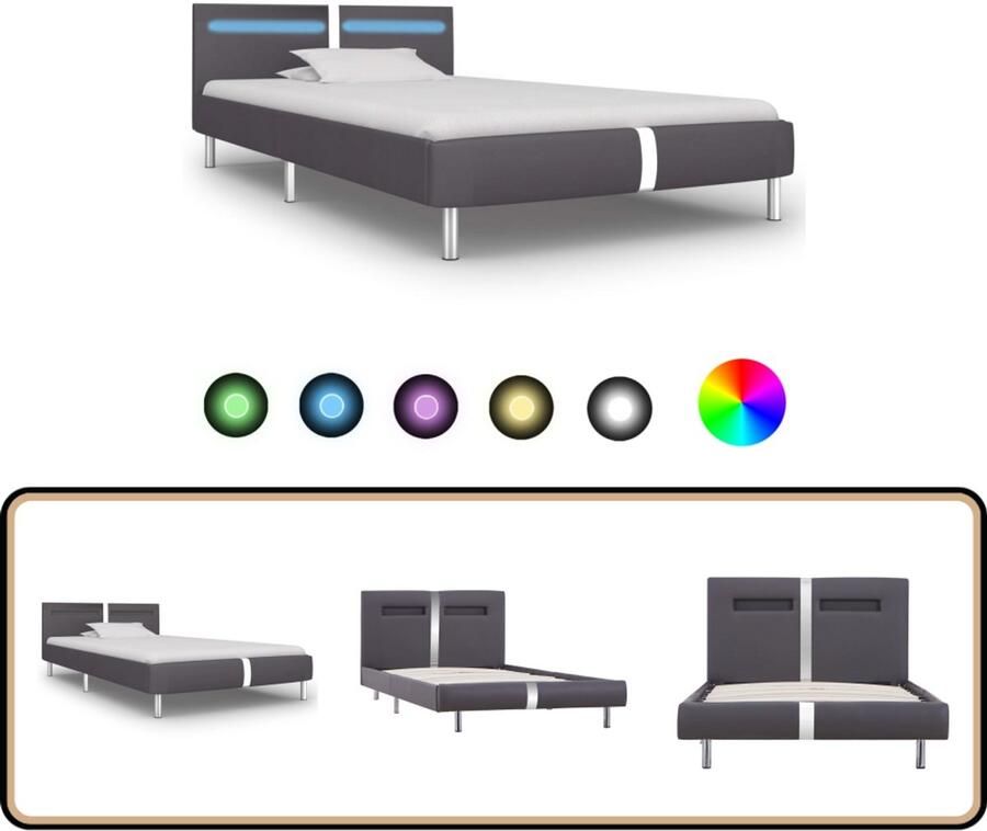 VidaXL Bedframe met LED Kunstleer Grijs 90x200 cm Grijs Bedframe Led Strip Bed Slaapkamer Meubels Tweepersoons Bed Modern Bed