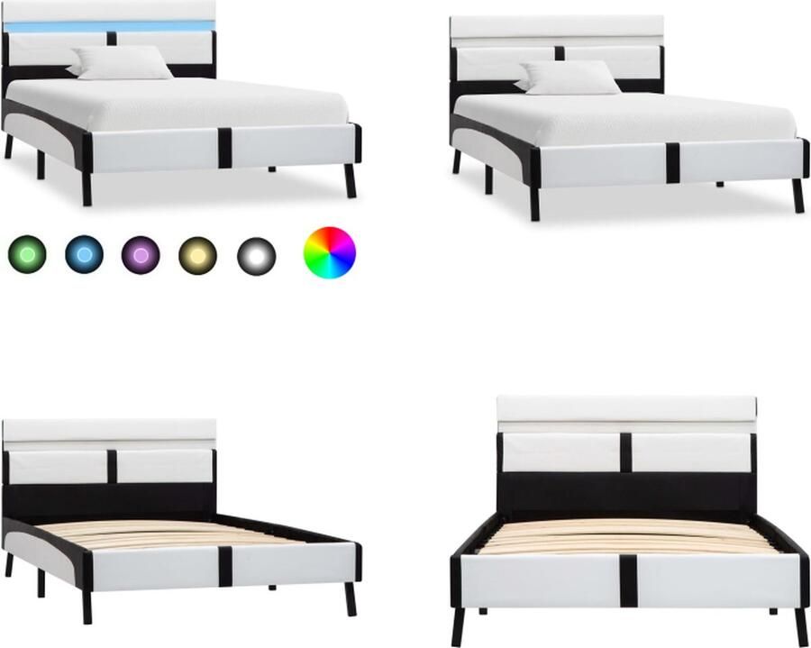 VidaXL Bedframe met LED kunstleer wit en zwart 90x200 cm Bedframe Bedframes Bed Bedden