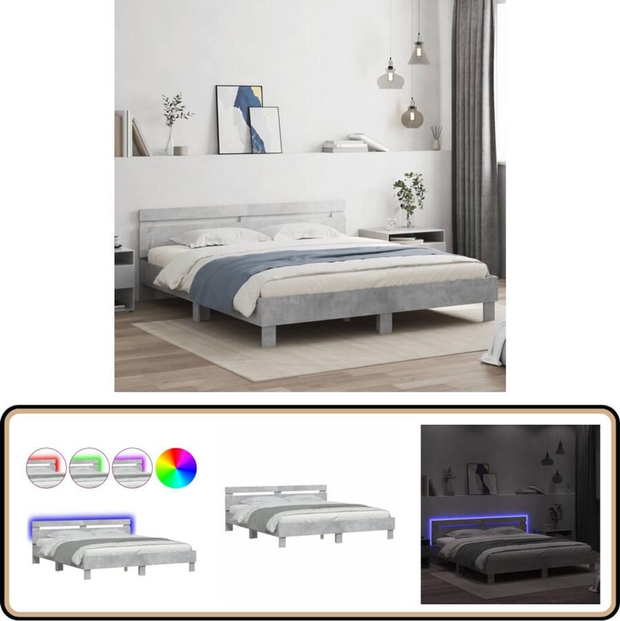 VidaXL Bedframe met LED Licht Betongrijs 160x200 cm Slaapcomfort Led Lampjes Houten Bed Frame Tweepersoons Bed Betonnen Grijs Design Bed Modern Bed Relaxend Bed Comfortabel Bed King Size Bed Boxspring Bed