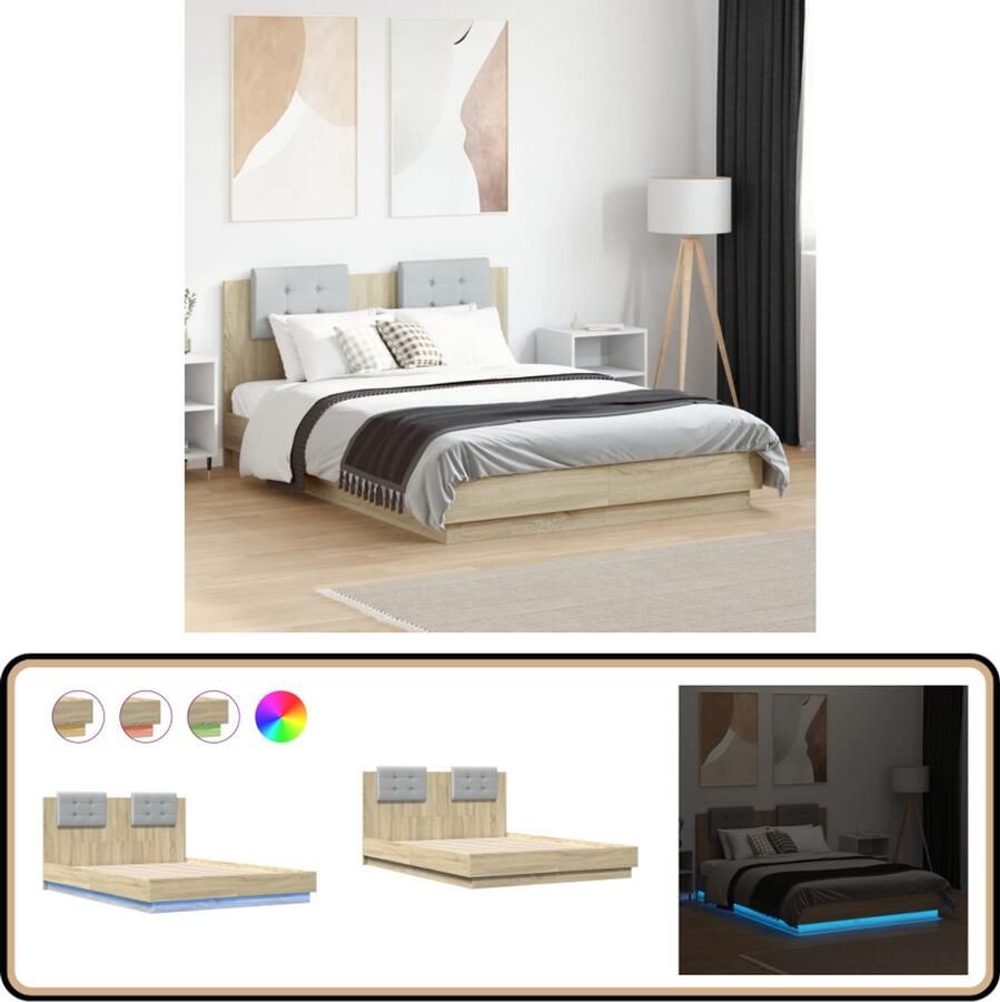 VidaXL Bedframe met LED Sonoma Eiken 120x190 cm Slaapcomfort Houten Bed Frame Led Lampjes Headboard Bruine Bedbank Tweepersoons Bed Compact Bed Bedroom Decor