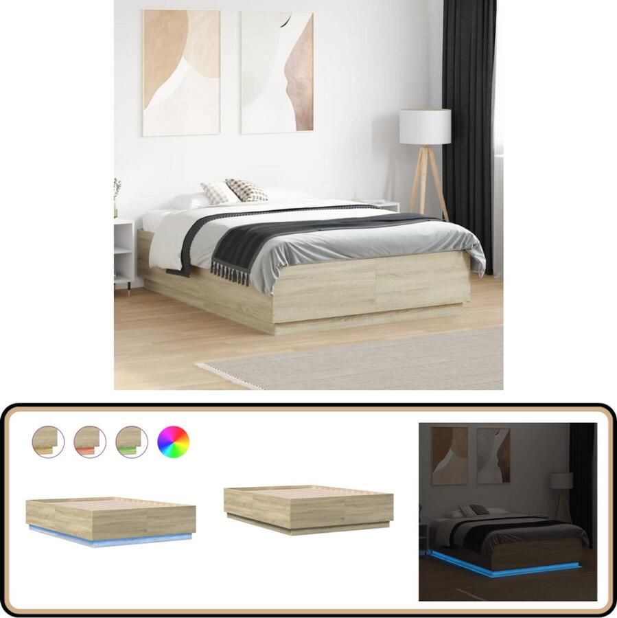 VidaXL Bedframe met LED Sonoma Eiken 140x200 cm LED Bed Frame Houten Bed Frame Bruine Bed Frame Slaapcomfort Led Verlichting Design Bed Frame Modern Bed Frame Bedroom Furniture Tweepersoons Bed Frame 140x190 Bed Frame