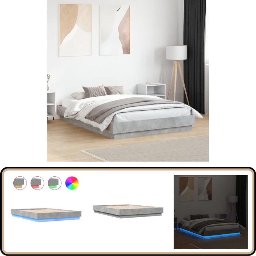 VidaXL Bedframe met LED-verlichting betongrijs 135x190 cm