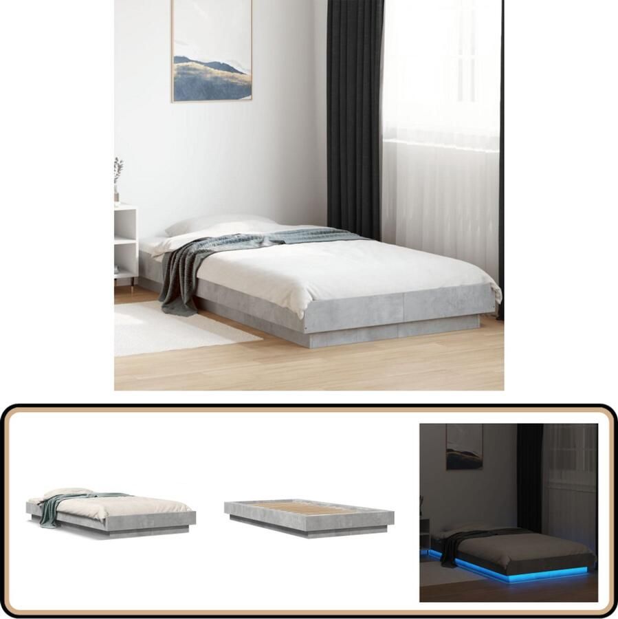 VidaXL Bedframe met LED-verlichting bewerkt hout betongrijs 100x200 cm