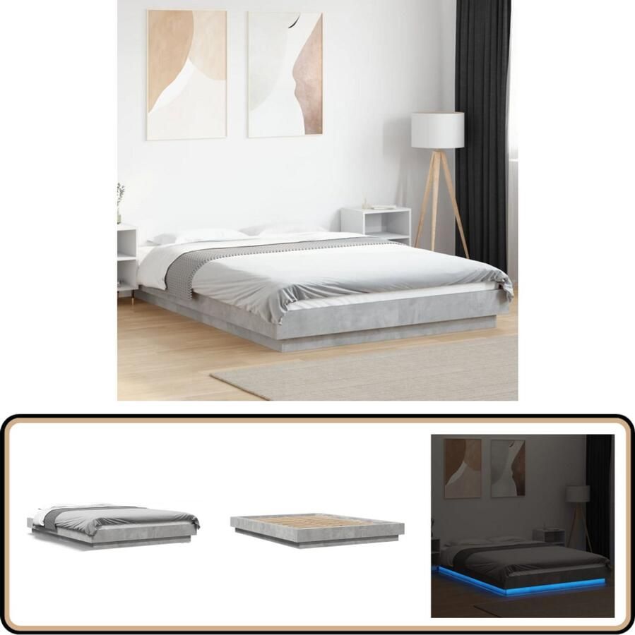 VidaXL Bedframe met LED-verlichting bewerkt hout betongrijs 135x190 cm
