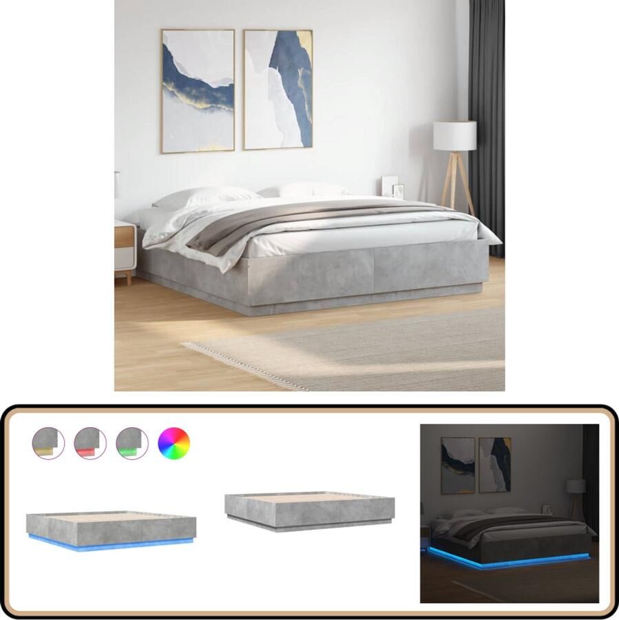 VidaXL Bedframe met LED-verlichting bewerkt hout betongrijs 200x200 cm