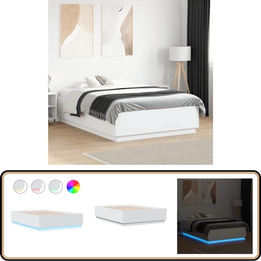 VidaXL Bedframe met LED-verlichting bewerkt hout wit 135x190 cm