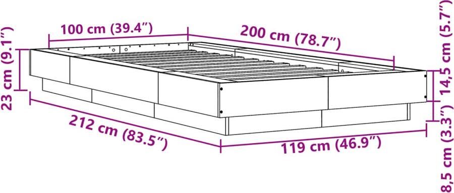 VidaXL -Bedframe-met-LED-verlichting-gerookt-eikenkleurig-100x200-cm - Foto 2