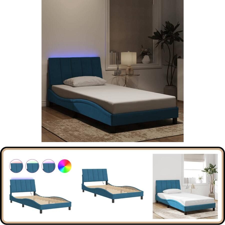 VidaXL Bedframe met LED-verlichting fluweel blauw 100x200 cm