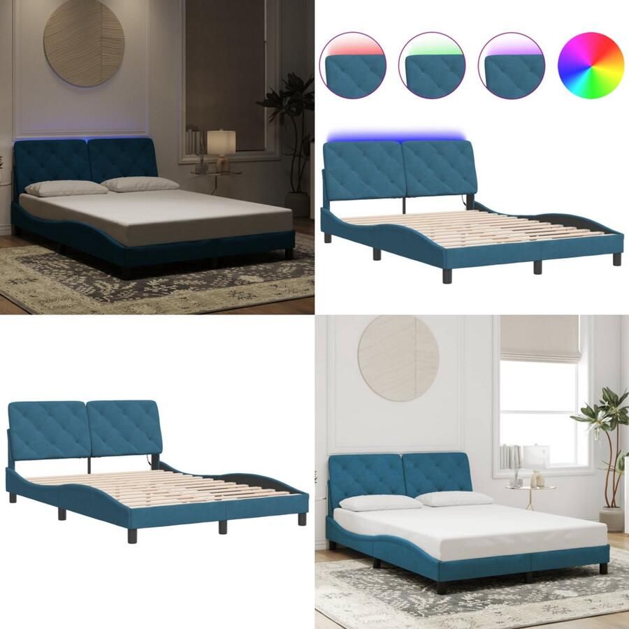 VidaXL Bedframe met LED-verlichting fluweel blauw 120x200 cm Bedframe Bedframes Bed Bedbodem