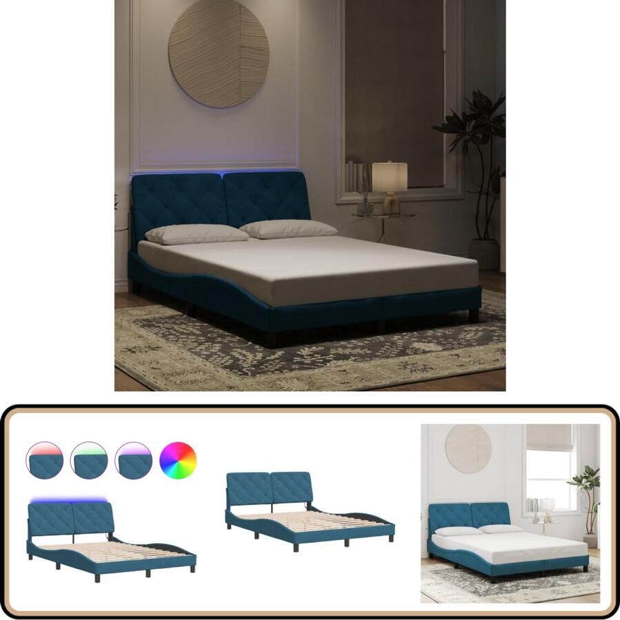 VidaXL Bedframe met LED-verlichting fluweel blauw 140x190 cm