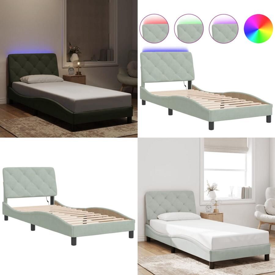 VidaXL Bedframe met LED-verlichting fluweel lichtgrijs 90x190 cm Bedframe Bedframes Bed Bedbodem