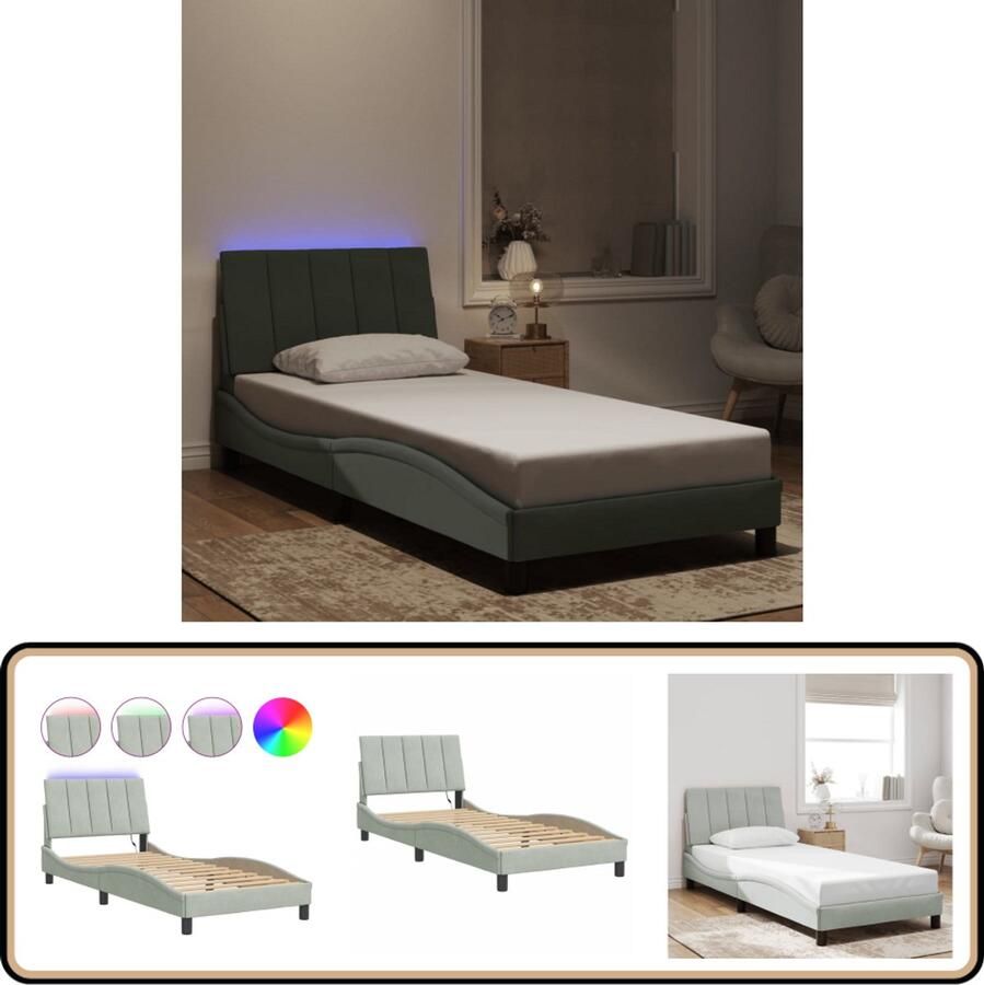 VidaXL Bedframe met LED-verlichting fluweel lichtgrijs 90x200 cm