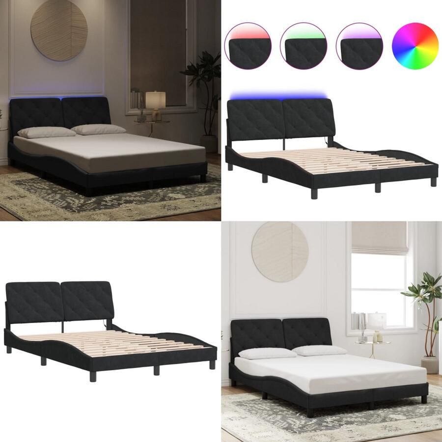 VidaXL Bedframe met LED-verlichting fluweel zwart 140x200 cm Bedframe Bedframes Bed Bedbodem