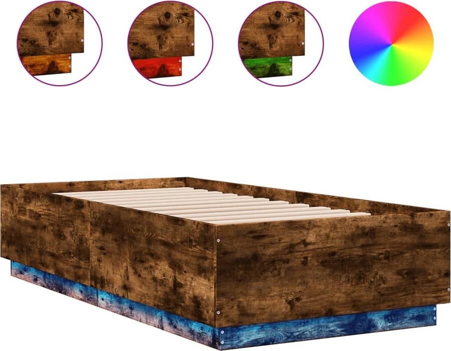 VidaXL -Bedframe-LED-verlichting-bewerkt-hout-gerookt-eiken-75x190-cm