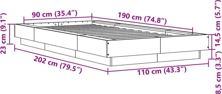 VidaXL -Bedframe-met-LED-verlichting-gerookt-eikenkleurig-90x190-cm - Foto 2