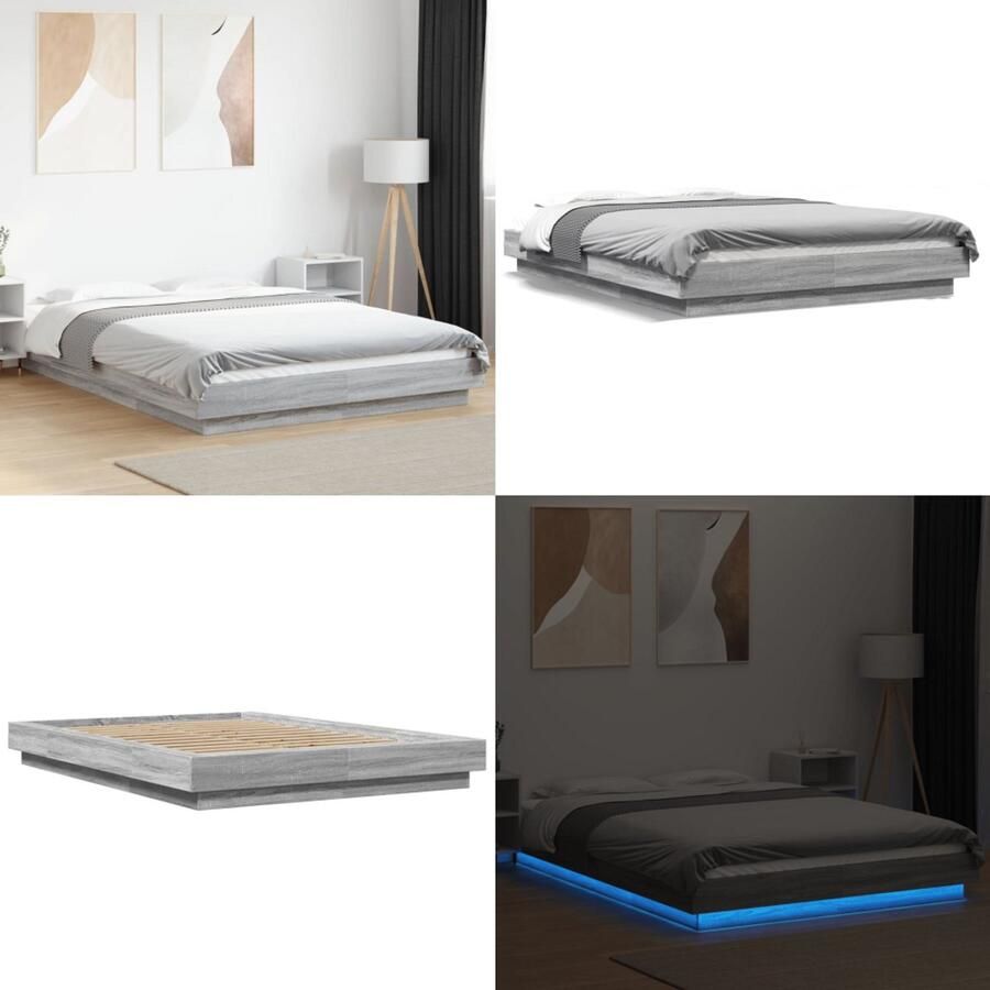 VidaXL Bedframe met LED-verlichting grijs sonoma eiken 140x200 cm Bedframe Bedframes Bed Bedbodem