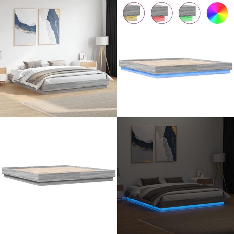 VidaXL Bedframe met LED-verlichting grijs sonoma eikenkleur 180x200 cm Bedframe Bedframes Bed 2-persoons Bed