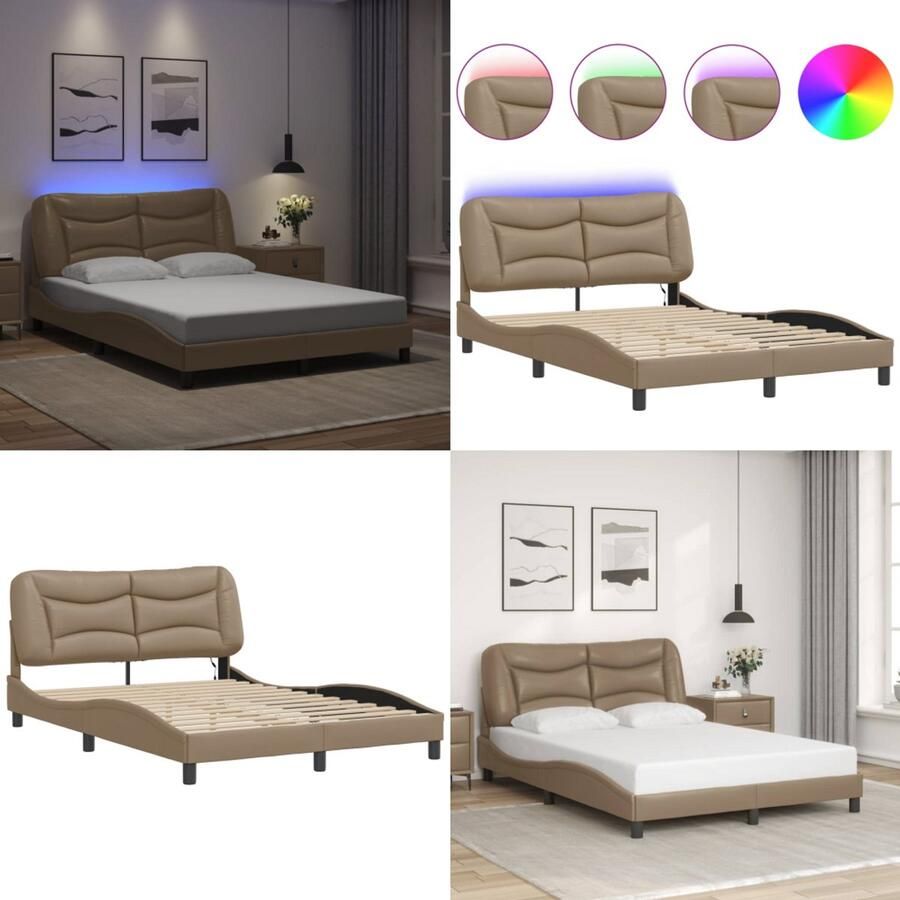 VidaXL Bedframe met LED-verlichting kunstleer cappuccino 120x200 cm Bedframe Bedframes Bed Bedbodem