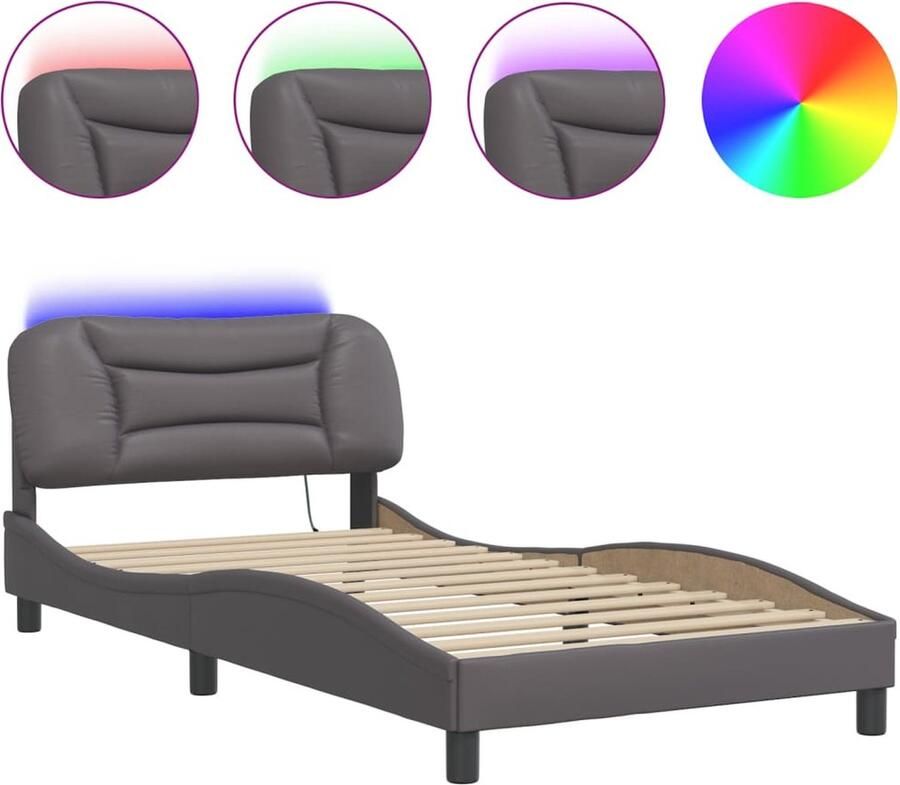 VidaXL Bedframe met LED zonder matras Hvar kunstleer grijs 100x200 cm - Foto 2