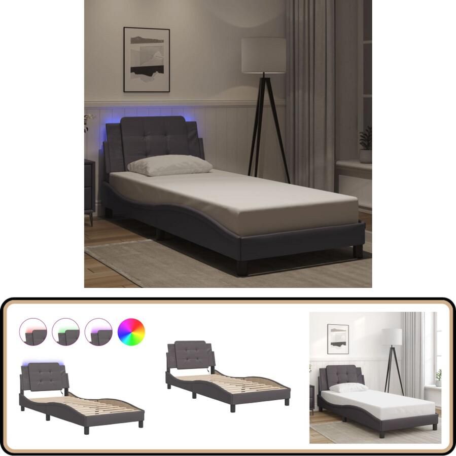 VidaXL Bedframe met LED-verlichting kunstleer grijs 100x200 cm