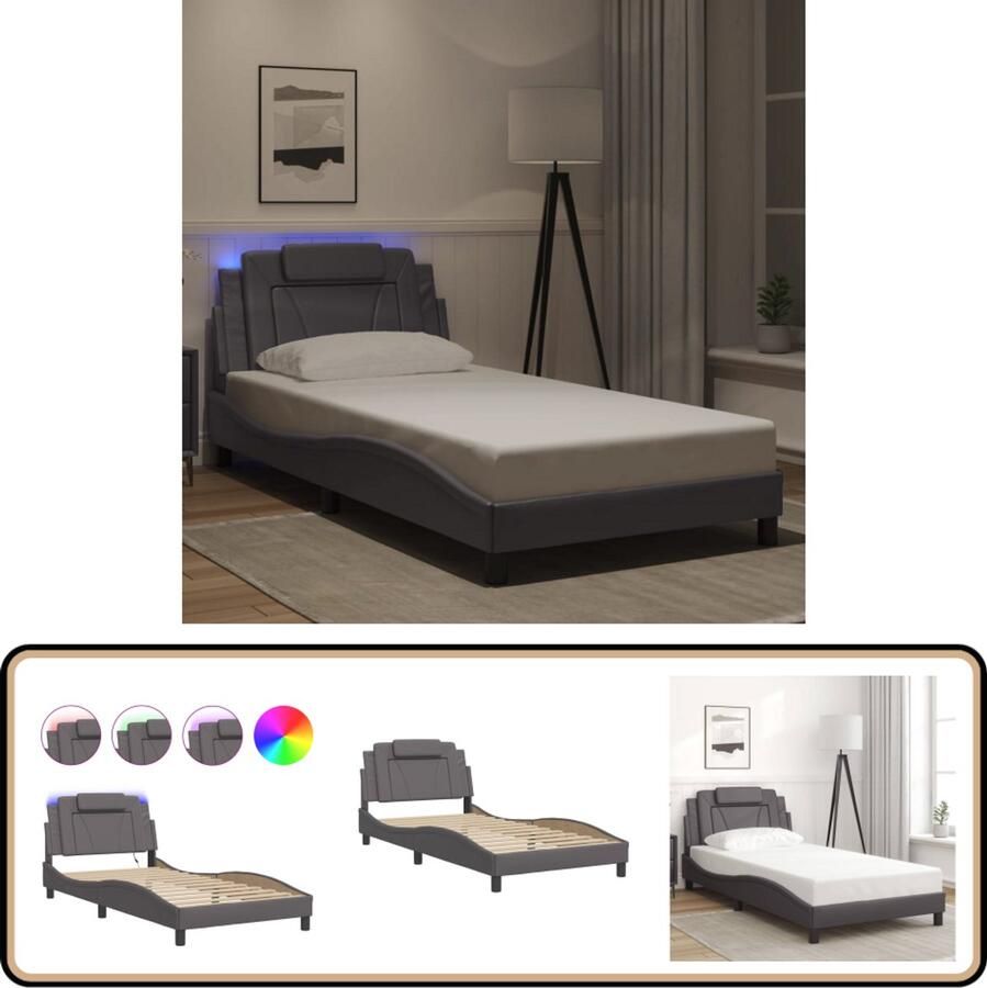 VidaXL Bedframe met LED-verlichting kunstleer grijs 100x200 cm