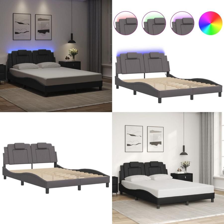 VidaXL Bedframe met LED-verlichting kunstleer grijs 120x200 cm Bedframe Bedframes Bed Bedbodem