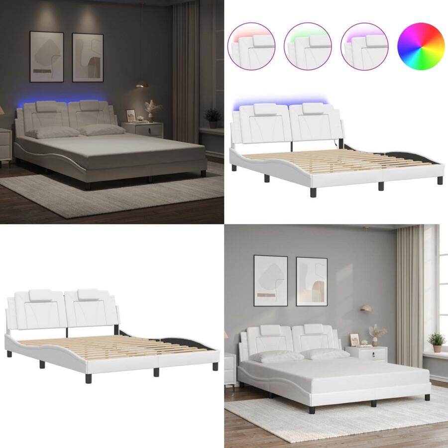 VidaXL Bedframe met LED-verlichting kunstleer wit 160x200 cm Bedframe Bedframes Bed Bedbodem