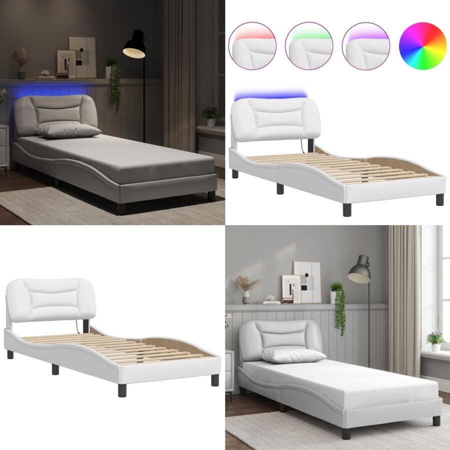 VidaXL Bedframe met LED-verlichting kunstleer wit 90x200 cm Bedframe Bedframes Bed Bedbodem