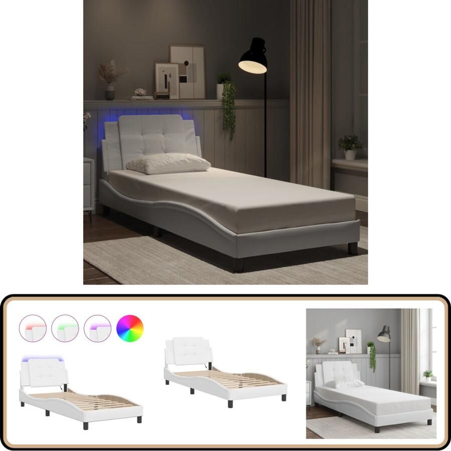 VidaXL Bedframe met LED-verlichting kunstleer wit 90x200 cm