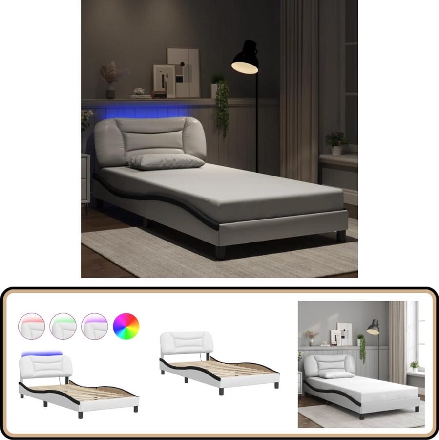 VidaXL Bedframe met LED-verlichting kunstleer wit en zwart 100x200 cm