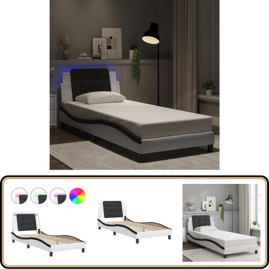 VidaXL Bedframe met LED-verlichting kunstleer wit en zwart 100x200 cm