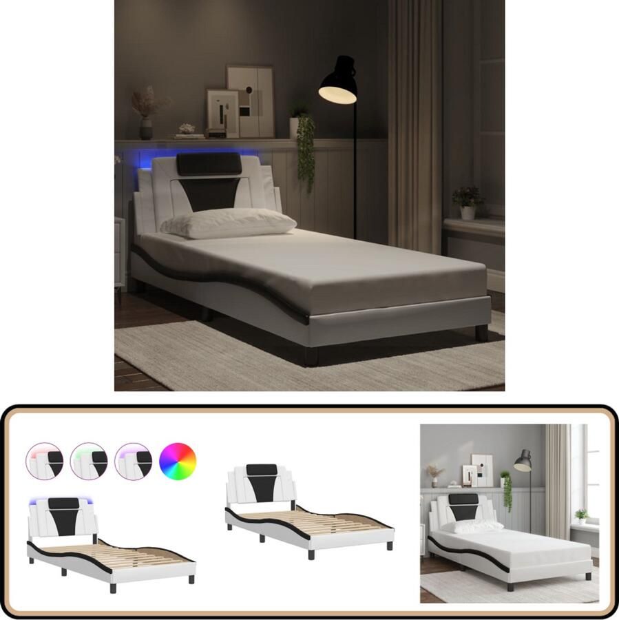 VidaXL Bedframe met LED-verlichting kunstleer wit en zwart 100x200 cm