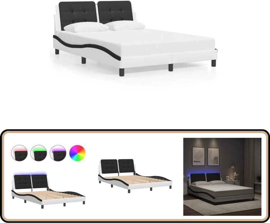 VidaXL Bedframe met LED-verlichting kunstleer wit en zwart 140x190 cm