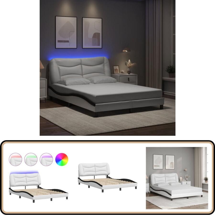 VidaXL Bedframe met LED-verlichting kunstleer wit en zwart 140x200 cm