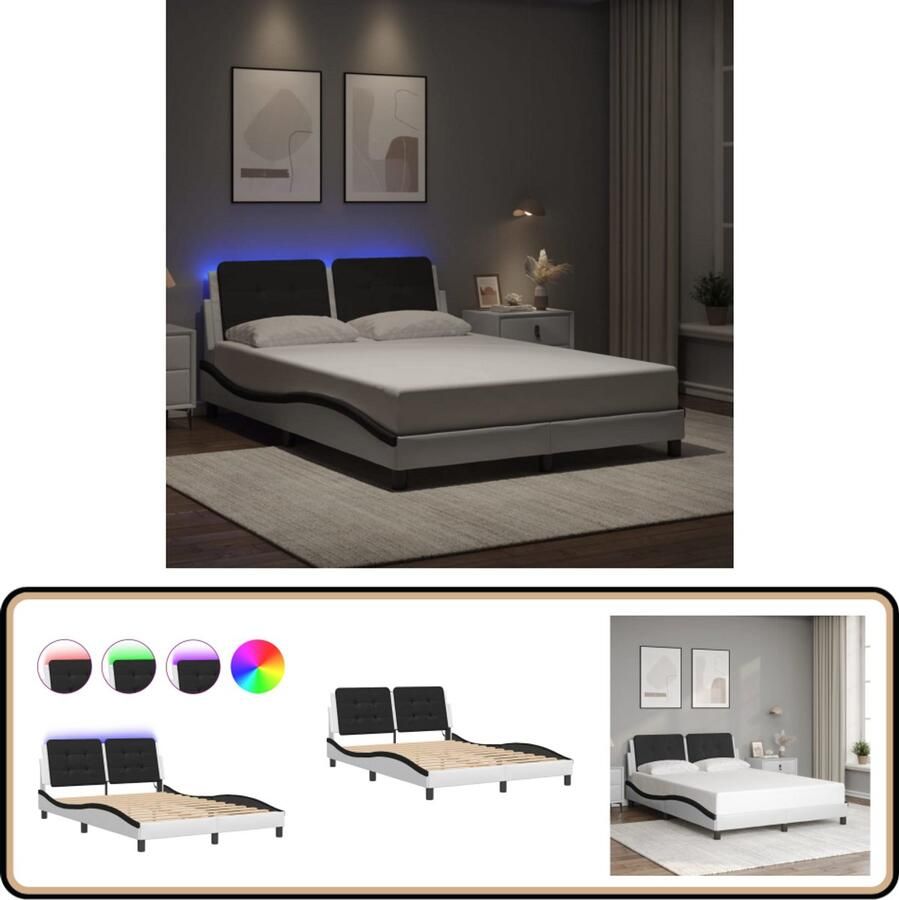 VidaXL Bedframe met LED-verlichting kunstleer wit en zwart 140x200 cm