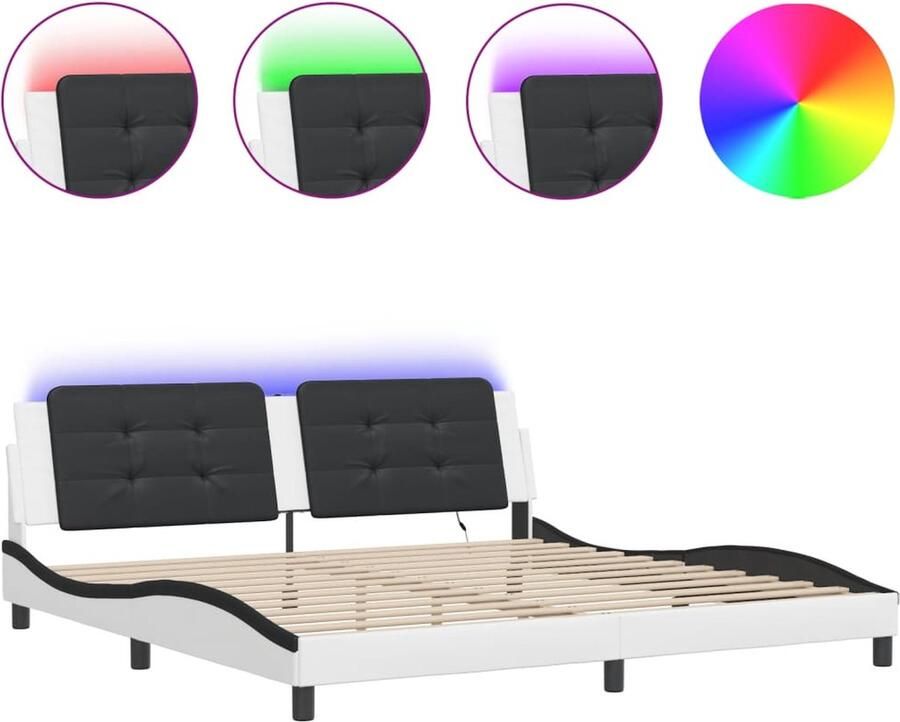 VidaXL Bedframe met LED zonder matras Zadar kunstleer wit en zwart 200x200 cm - Foto 4