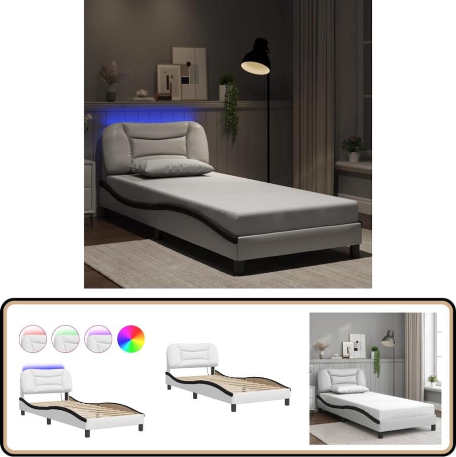 VidaXL Bedframe met LED-verlichting kunstleer wit en zwart 90x190 cm
