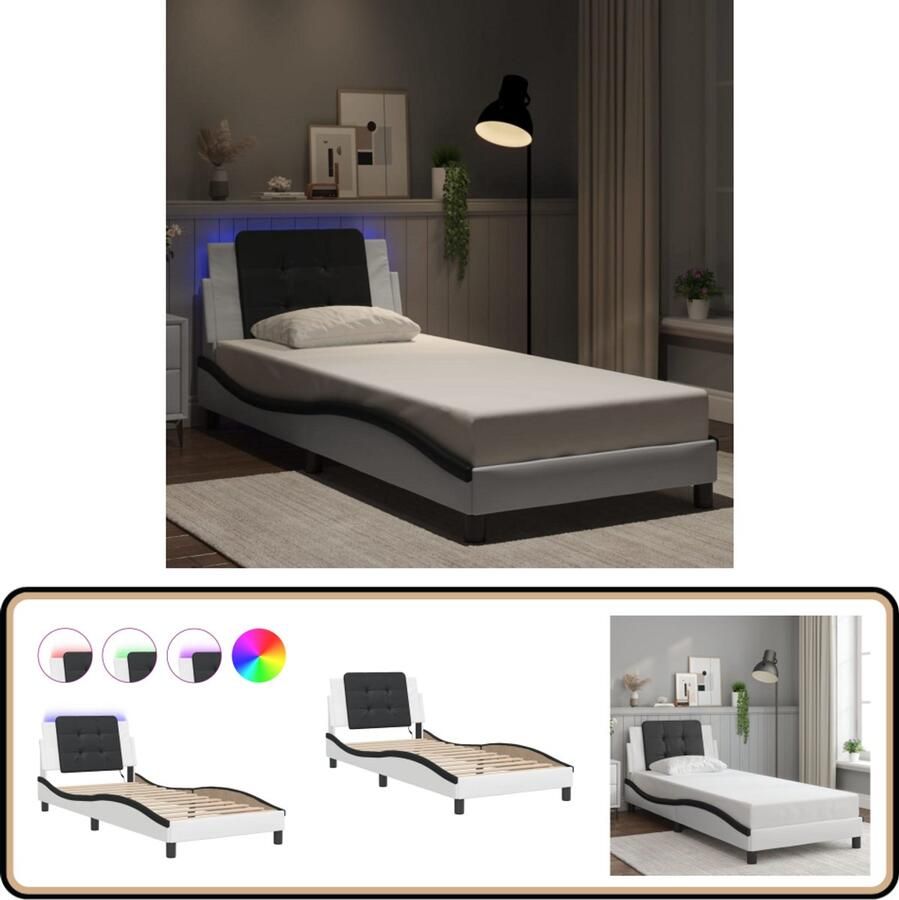 VidaXL Bedframe met LED-verlichting kunstleer wit en zwart 90x190 cm