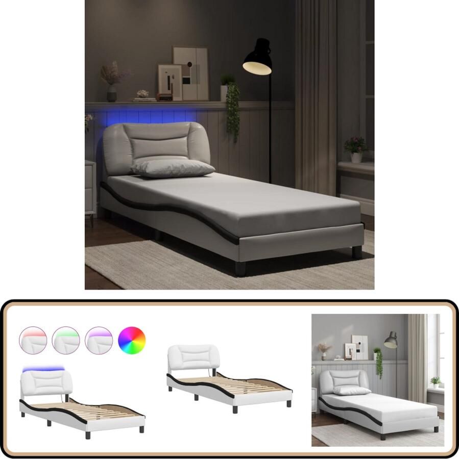 VidaXL Bedframe met LED-verlichting kunstleer wit en zwart 90x200 cm