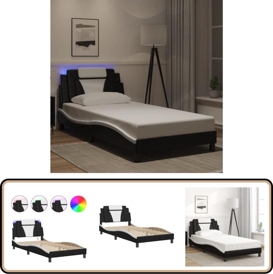 VidaXL Bedframe met LED-verlichting kunstleer zwart en wit 100x200 cm
