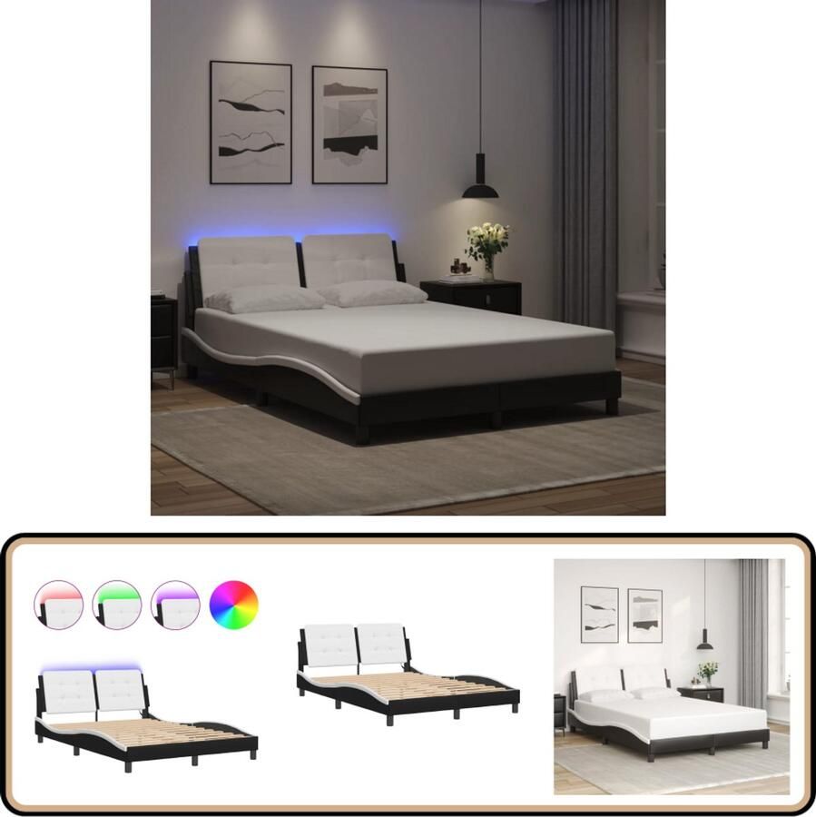 VidaXL Bedframe met LED-verlichting kunstleer zwart en wit 140x200 cm