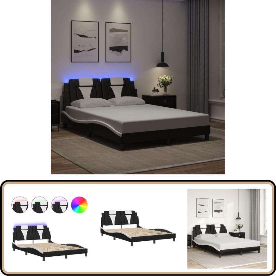 VidaXL Bedframe met LED-verlichting kunstleer zwart en wit 140x200 cm