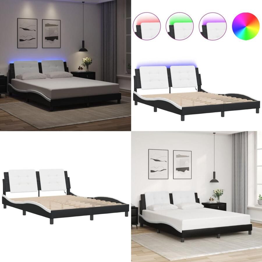 VidaXL Bedframe met LED-verlichting kunstleer zwart en wit 160x200 cm Bedframe Bedframes Bed Bedbodem